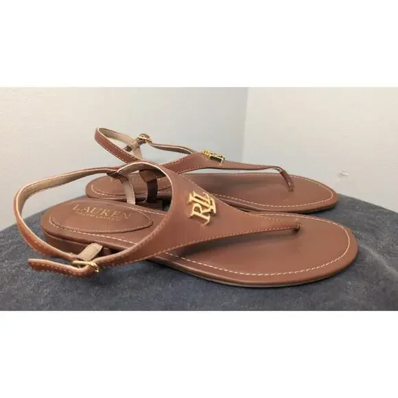 Lauren Ralph Lauren Ellington Sandals 7B Brown Leather RL Logo Thong T Strap - Picture 2 of 6